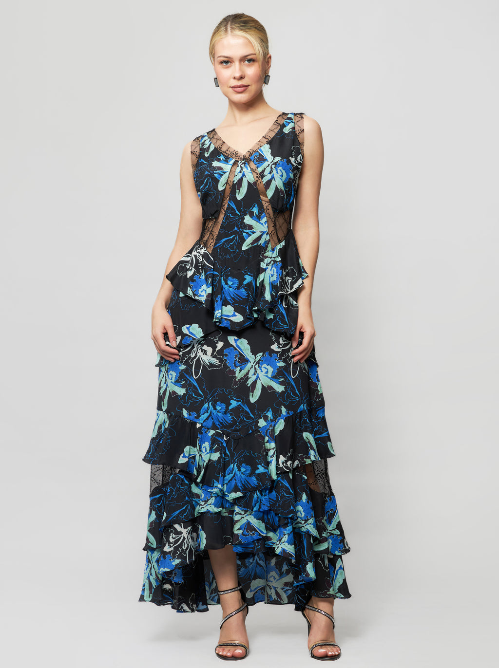 Alexa Hi-Low Maxi Orchid Printed Silk Dress in Black Floral