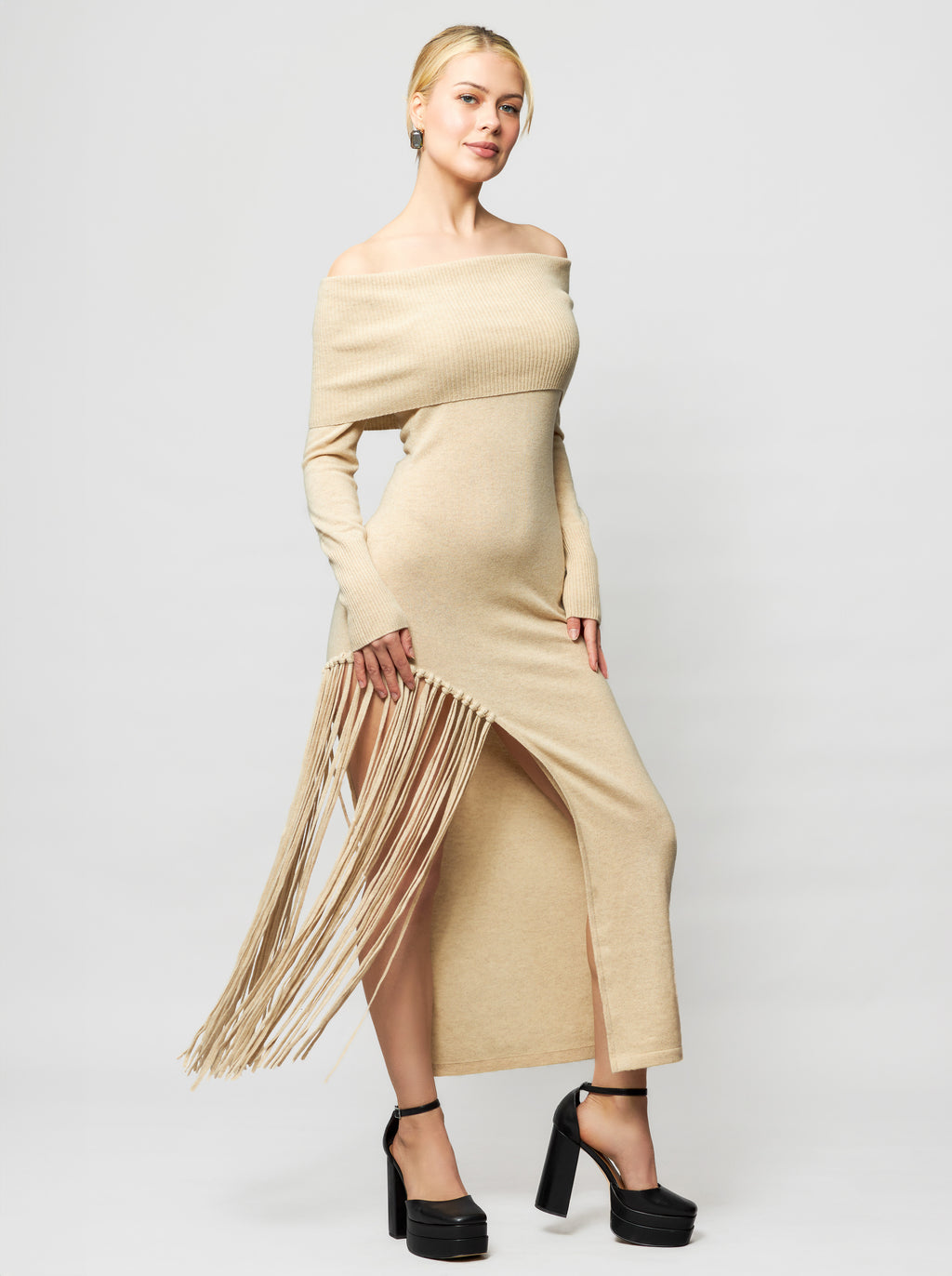 cashmere dress Luxury Cashmere Off-Shoulder Maxi Dress
