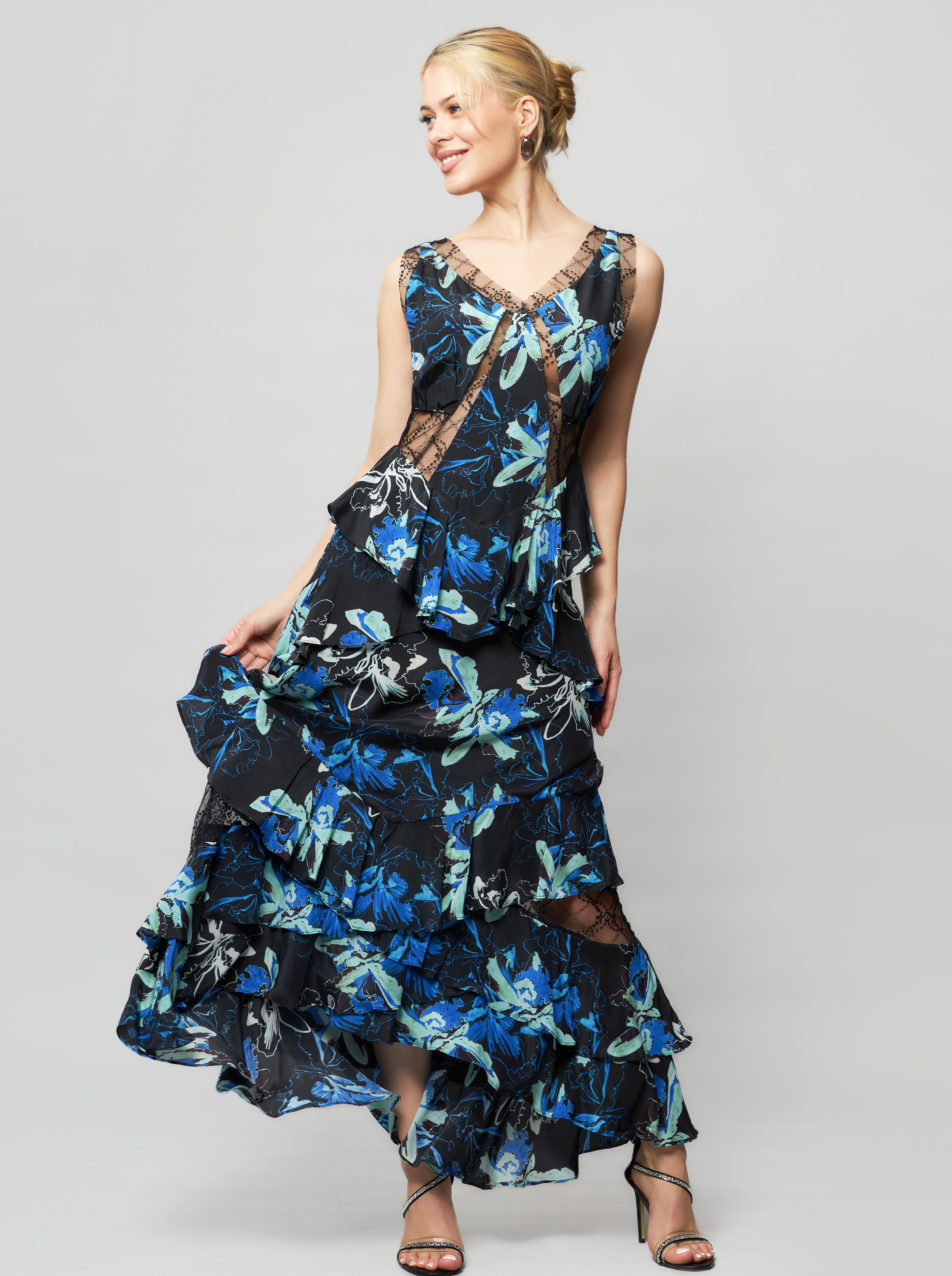 Orchid Printed Silk Hi-Low Maxi Dress | Solgo Atelier 2 / Black Floral Print Orchid Printed Silk Hi-Low Maxi Dress | Solgo Atelier 2 / Black Floral Print