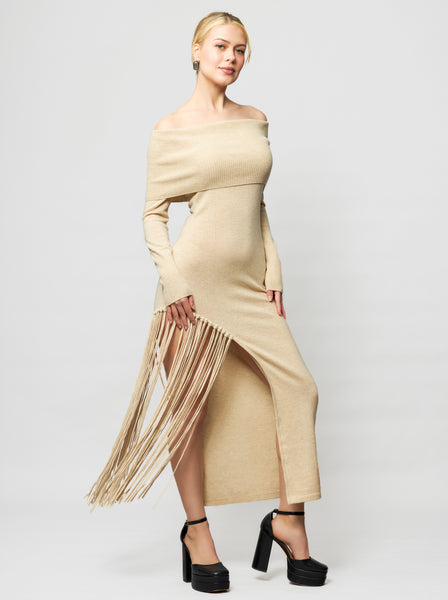 Solgo Atelier Neutrals Peris Off-shoulder Cashmere Maxi Dress