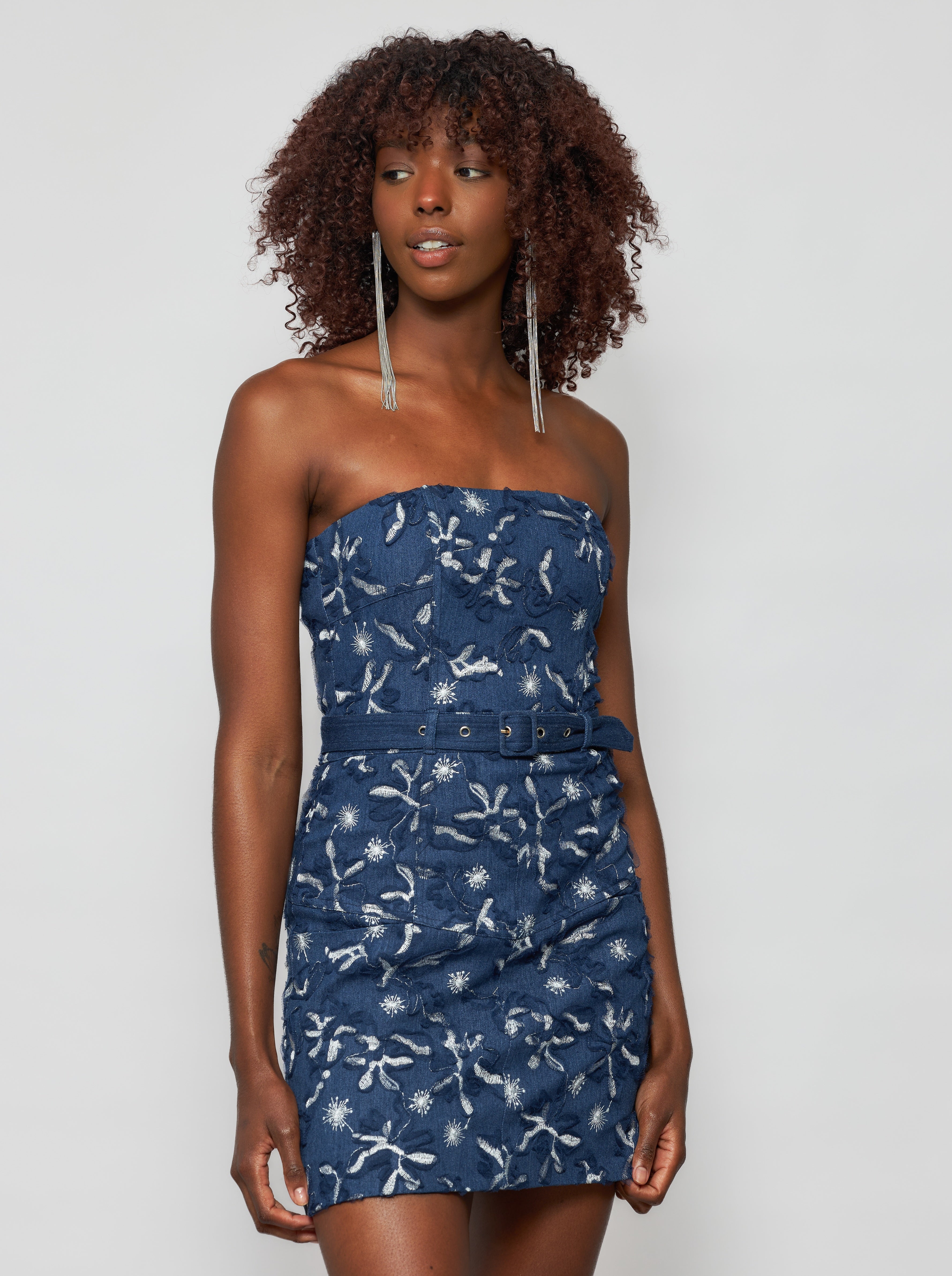 Women's Denim Strapless Mini Dress | Solgo Atelier 14 / Indigo Blue/White/Silver Metallic Women's Denim Strapless Mini Dress | Solgo Atelier 14 / Indigo Blue/White/Silver Metallic