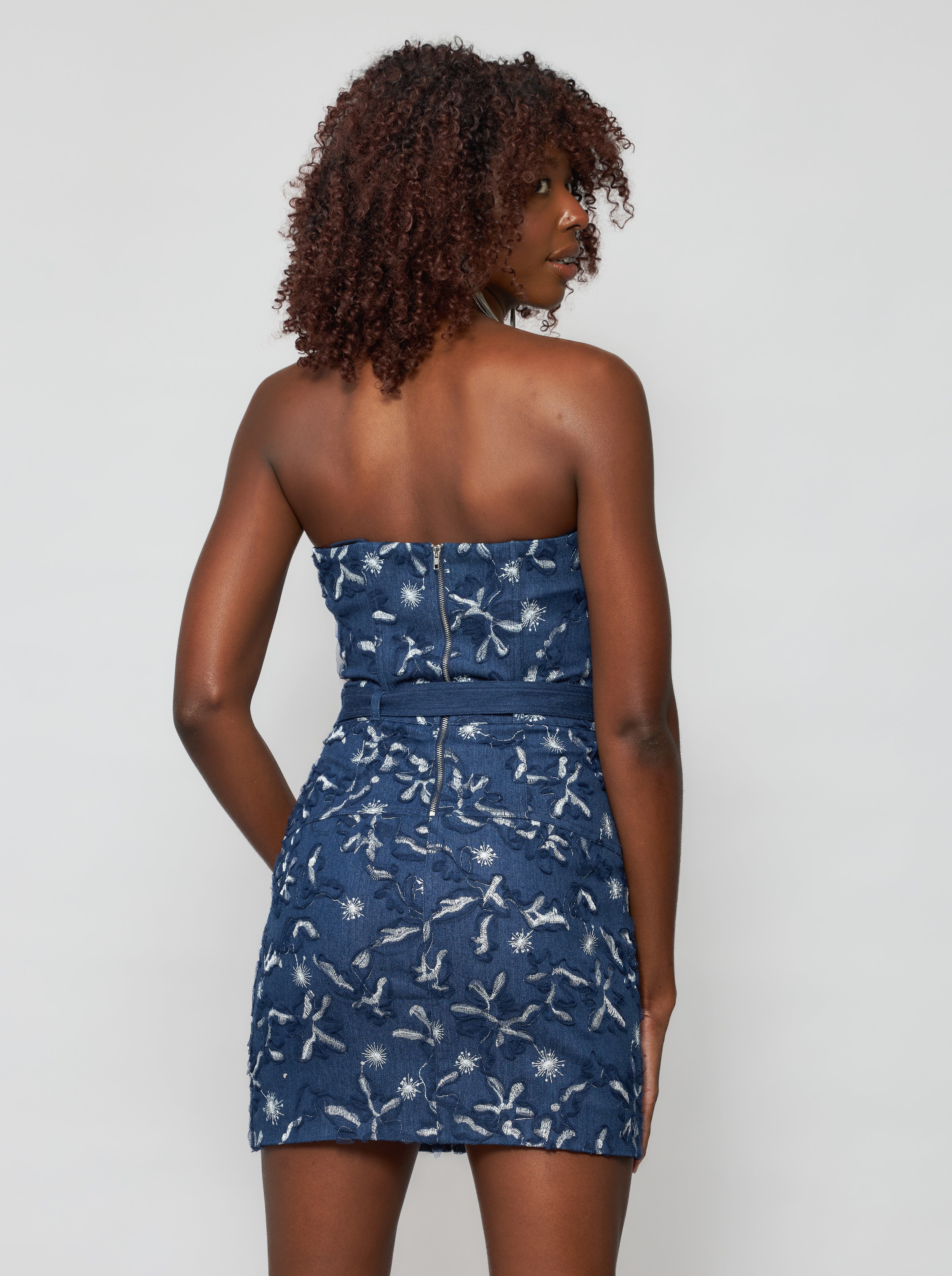 Women's Denim Strapless Mini Dress | Solgo Atelier 14 / Indigo Blue/White/Silver Metallic Women's Denim Strapless Mini Dress | Solgo Atelier 14 / Indigo Blue/White/Silver Metallic